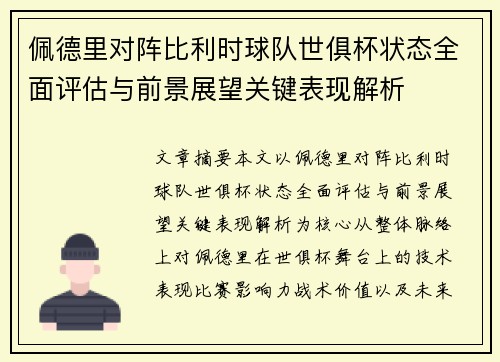 佩德里对阵比利时球队世俱杯状态全面评估与前景展望关键表现解析