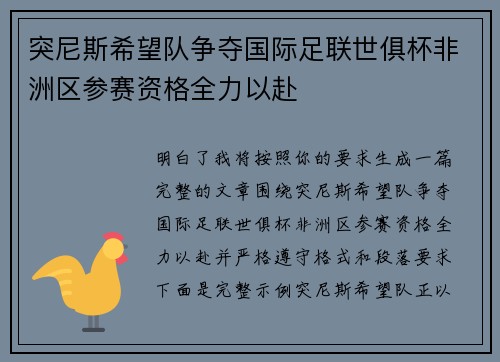 突尼斯希望队争夺国际足联世俱杯非洲区参赛资格全力以赴